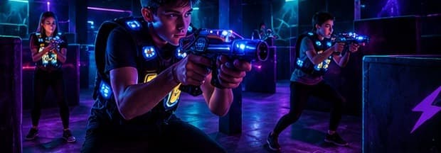 Hráči s laserovými zbraněmi v akci uvnitř arény
