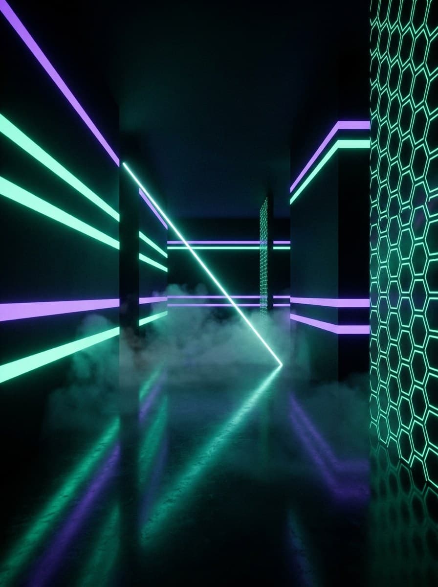 Neonový koridor arény s laserovým paprskem a mlhou