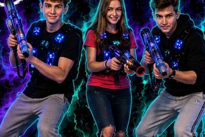 Parta s laserovými zbraněmi a svítícími vestami připravená na párty